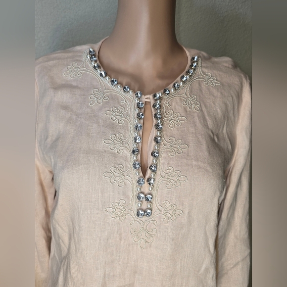 Brooks Brothers pink Linen embellished, pearls rhinestones tunic 8 woman top - Picture 6 of 13